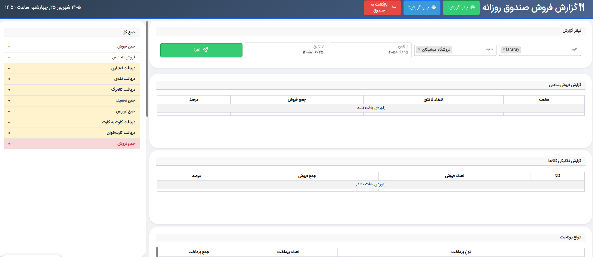 گزارش فروش صندوق روزانه در سیستم فرارای